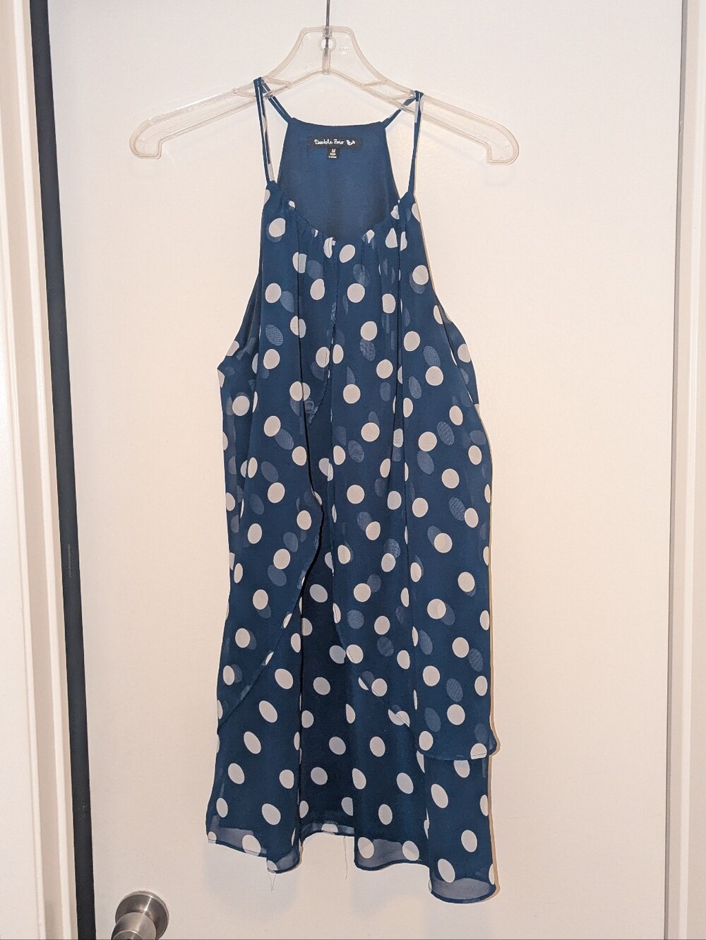 Double Zero Sleeveless Spaghetti Strap Polka Dot Mini Dress In Blue And White